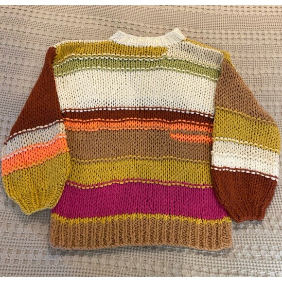 Listicle Hand Knit Sweater Crew Neck Color Block Oversized Large Rust Green Pink - Picture 8 of 8